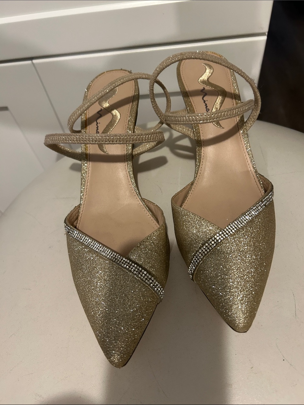 Nina Gold Glitter Pointed Mule with Rhinestone Accent